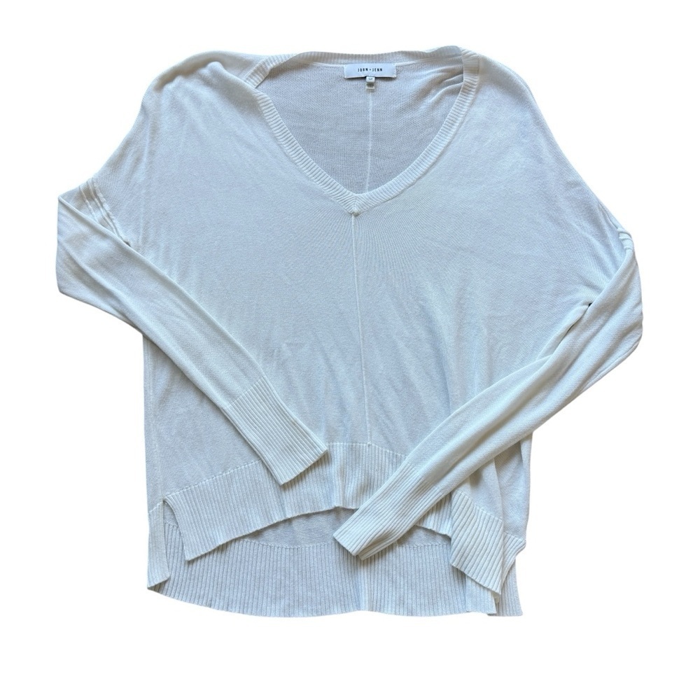 John + Jenn Knit Top Womens S White Rib Trim Oversized Pullover V-Neck Rayon